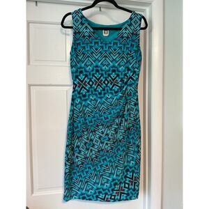ANNE KLEIN Teal Blue Midi Dress 10 Sheath Ruched Sleeveless Feminine Chevron